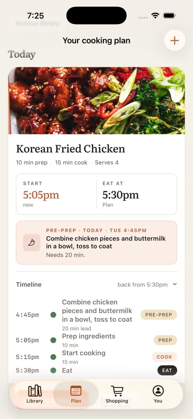 The weekly plan view with recipes dropped onto days and prep times scheduled backward from dinner.
