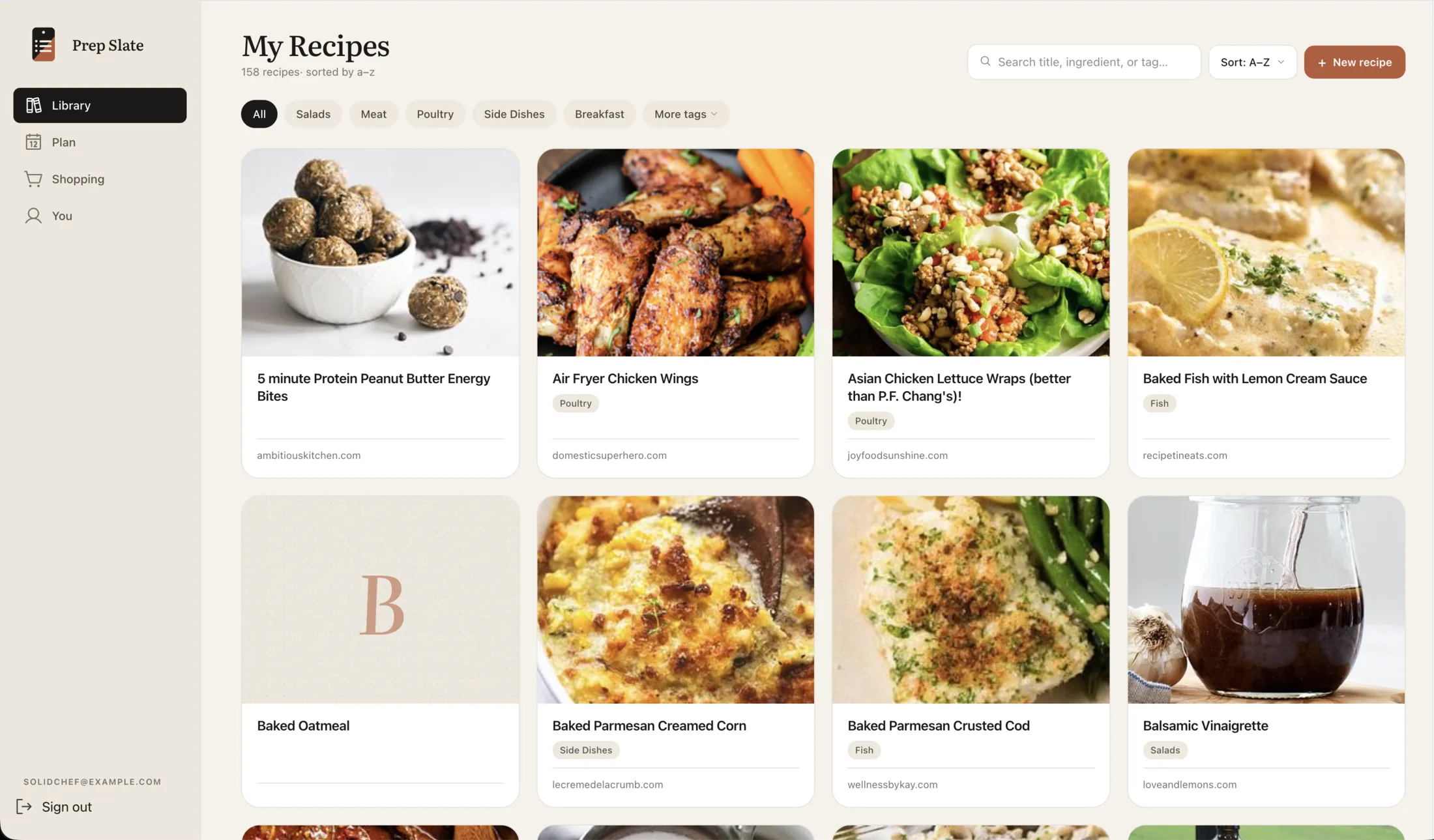 The Prep Slate library open on a laptop, showing a grid of saved recipes with tag filters in the sidebar.